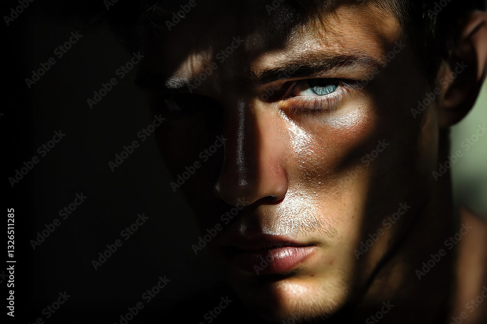 Serious young man with blue eyes emerging from shadows Serious young man with blue eyes emerging from shadows