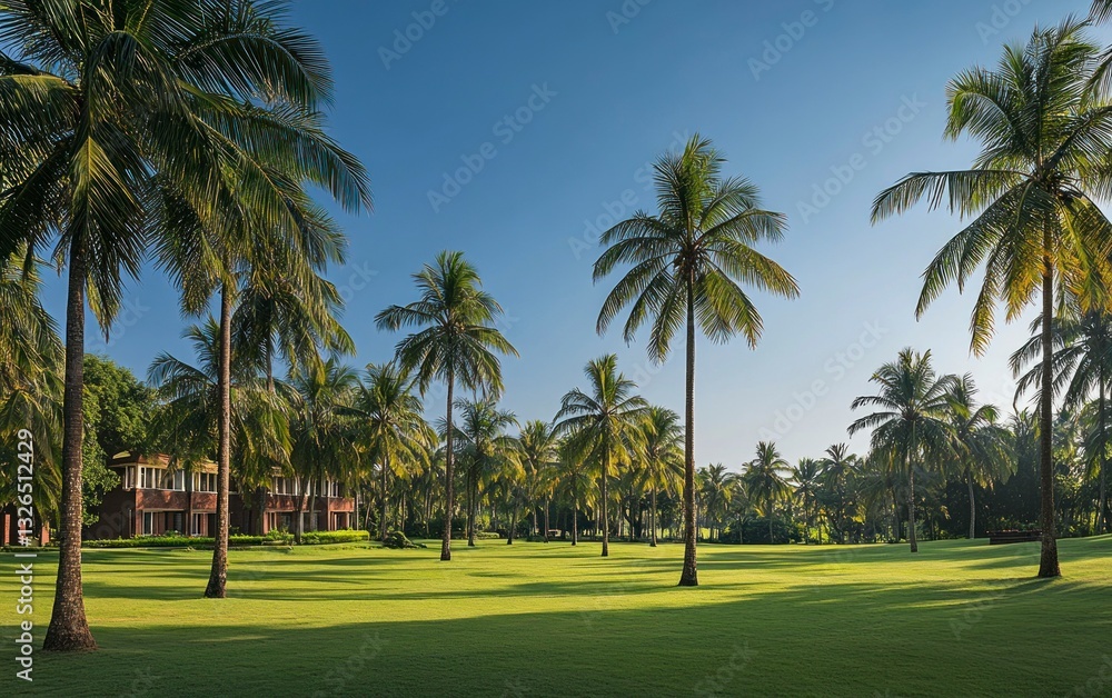 Palm Trees and Lush Green Lawn Under a Bright Blue Sky Palm Trees and Lush Green Lawn Under a Bright Blue Sky