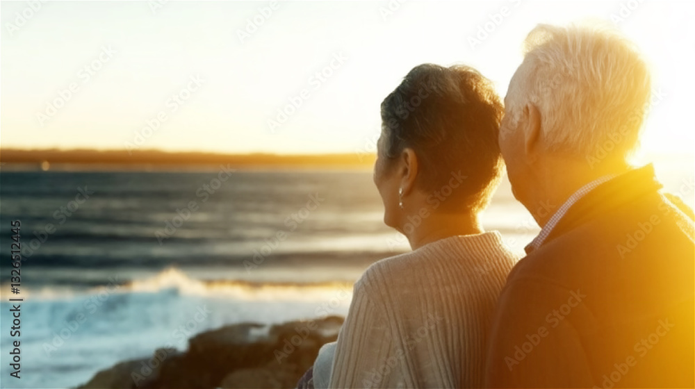Fototapeta premium Senior couple watching sunset at beach with golden light. Elderly man and woman silhouetted against orange sea horizon, symbolizing romance, partnership longevity and peaceful retirement.