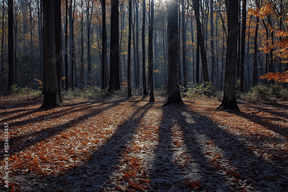 Obraz premium Sun shining through trees casting long shadows in autumn forest