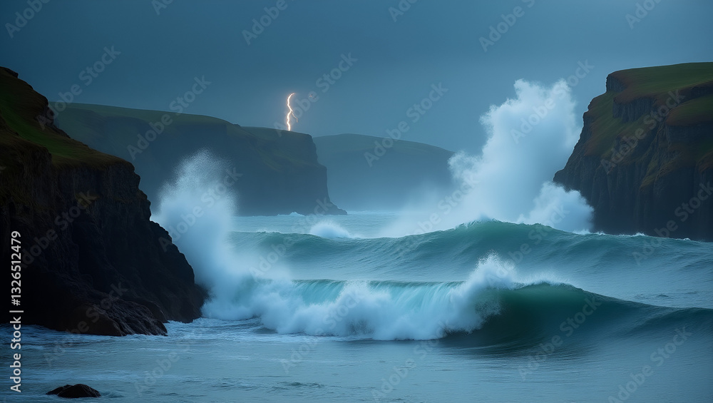 Fototapeta premium A stormy coastline with dramatic waves crashing against rugged cliffs.