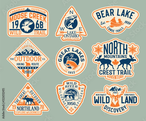 North lands discovery great outdoor adventure vintage badges collection vintage vector print or embroidery  for kids boy man sport wear shirt sweatshirt
