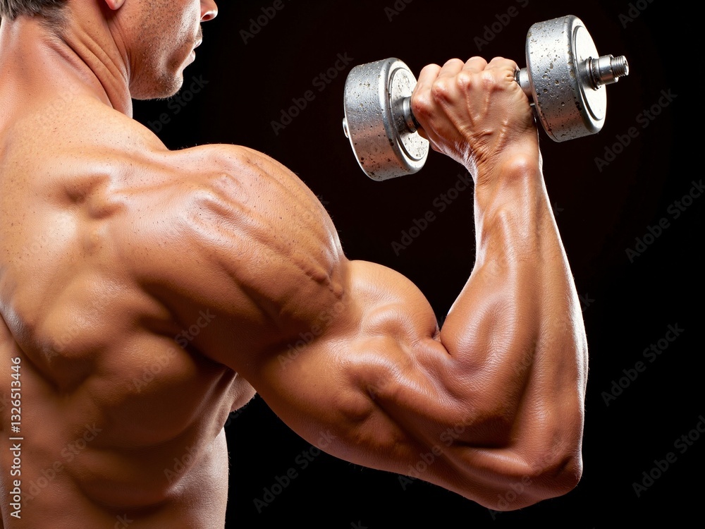 An athlete with sculpted muscles holding a large dumbbell with his arm bent at the elbow An athlete with sculpted muscles holding a large dumbbell with his arm bent at the elbow
