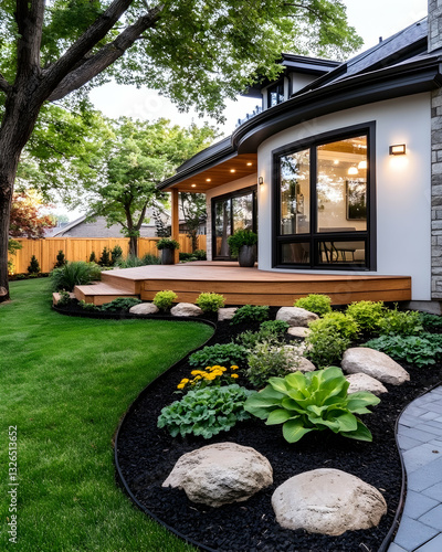 Modern backyard oasis with a covered patio and well-manicured landscaping