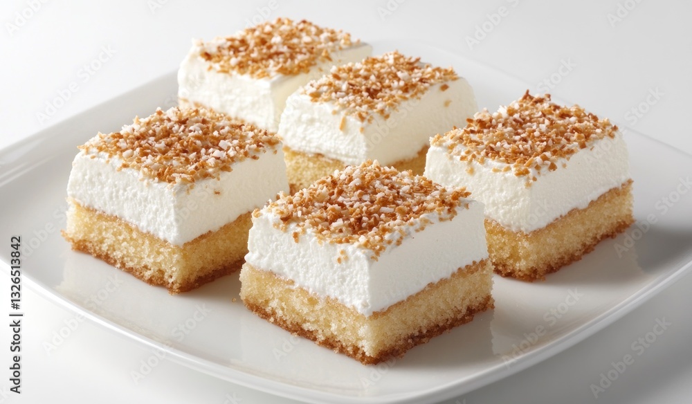 Delicious Sponge Cake Squares with Cream Topping and Nut Sprinkle Dessert Delicious Sponge Cake Squares with Cream Topping and Nut Sprinkle Dessert