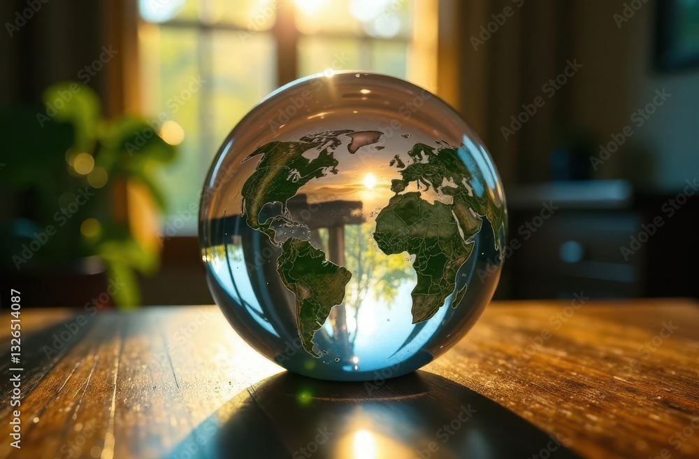 Exploration of earth depicted through a crystal globe in a warm setting Exploration of earth depicted through a crystal globe in a warm setting