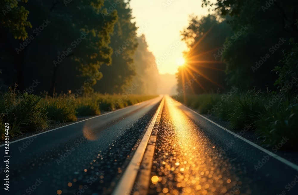 Fototapeta premium Sunrise illuminating a quiet road surrounded by trees and nature