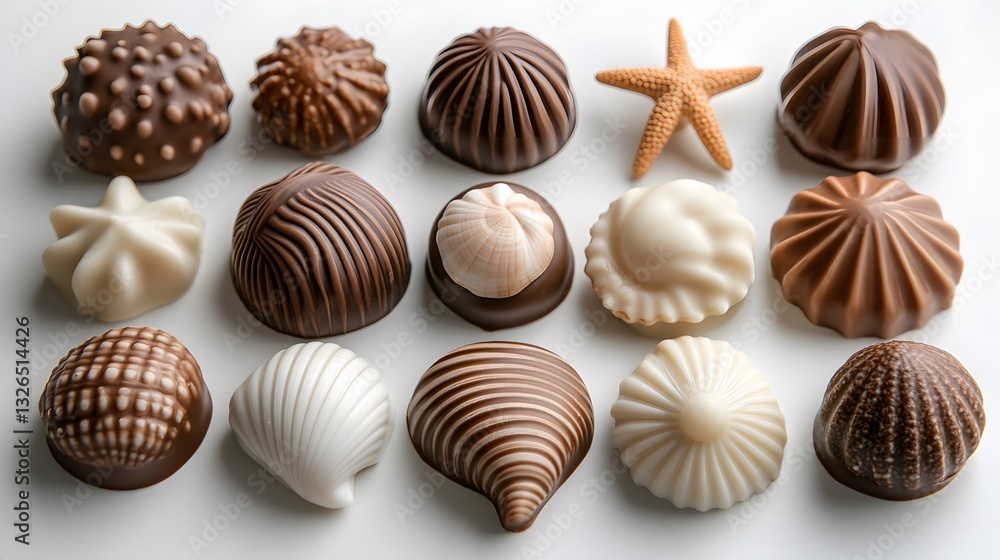 Seashell-shaped chocolates, featuring starfish and clam designs in dark and white marbled textures, are arranged neatly on a white background in a clean, gourmet display. Seashell-shaped chocolates, featuring starfish and clam designs in dark and white marbled textures, are arranged neatly on a white background in a clean, gourmet display.