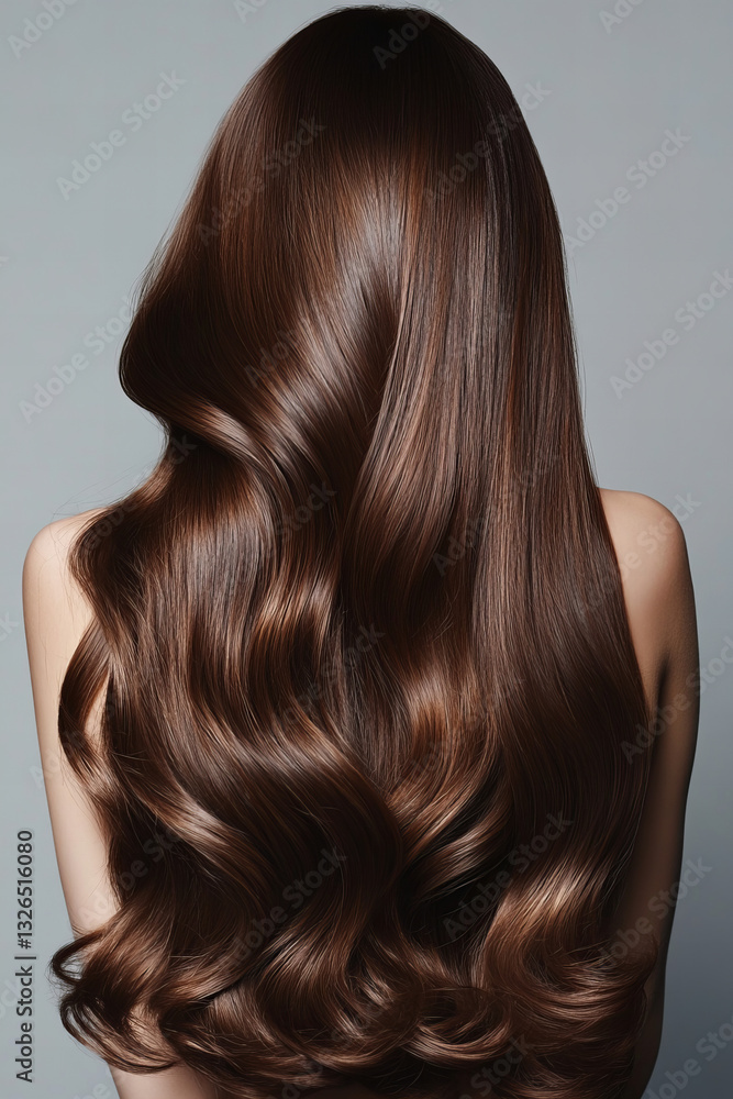 Fototapeta premium Stunning long wavy brown hair cascading down a woman’s back, glossy and voluminous curls, healthy and well-groomed hairstyle, beauty and fashion inspiration for hair care, salon treatments