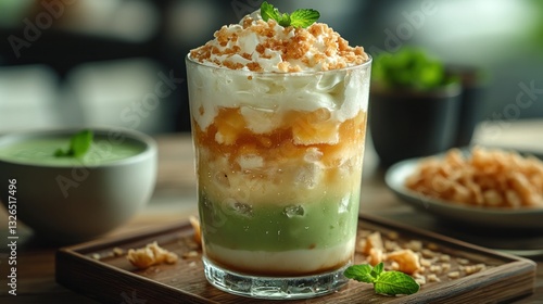 Layered Matcha Dessert in Glass with Whipped Cream and Crumble Topping