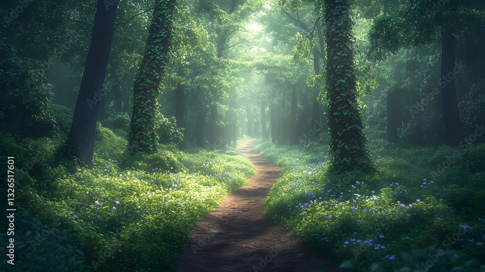 Spring forest path features vibrant green leaves, ancient ivy-wrapped trunks, and dappled sunlight, with earthy trails and wildflowers creating a mystical, tranquil woodland scene. Spring forest path features vibrant green leaves, ancient ivy-wrapped trunks, and dappled sunlight, with earthy trails and wildflowers creating a mystical, tranquil woodland scene.