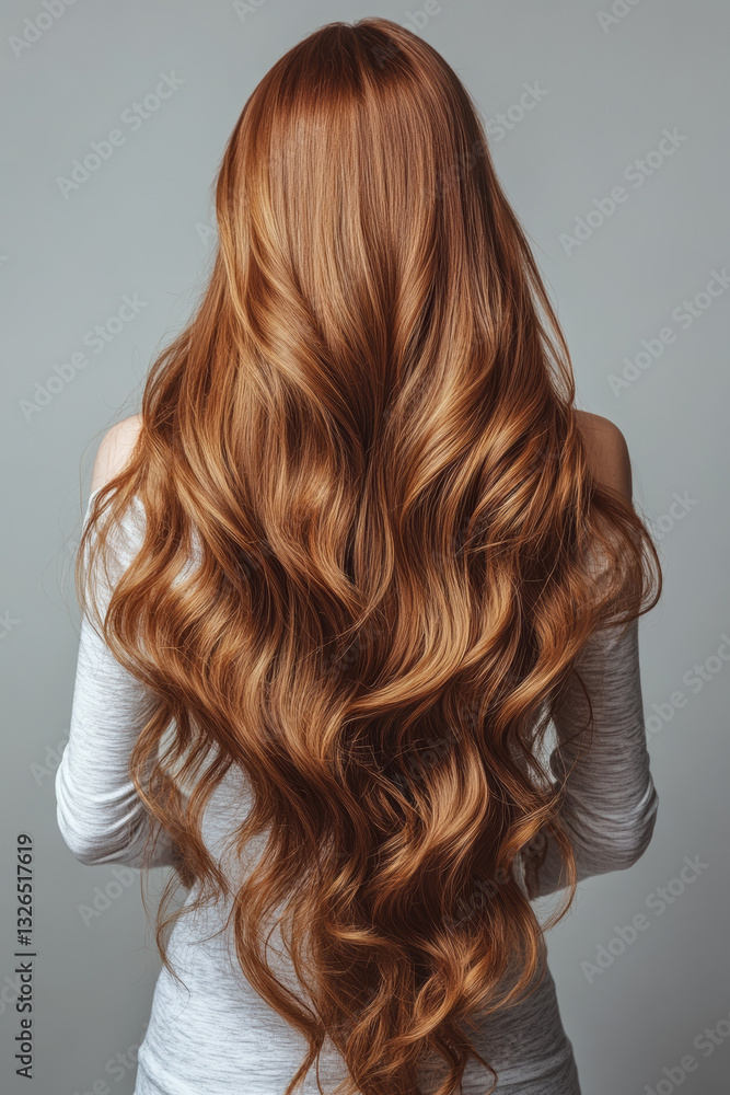 Fototapeta premium Stunning long wavy brown hair cascading down a woman’s back, glossy and voluminous curls, healthy and well-groomed hairstyle, beauty and fashion inspiration for hair care, salon treatments