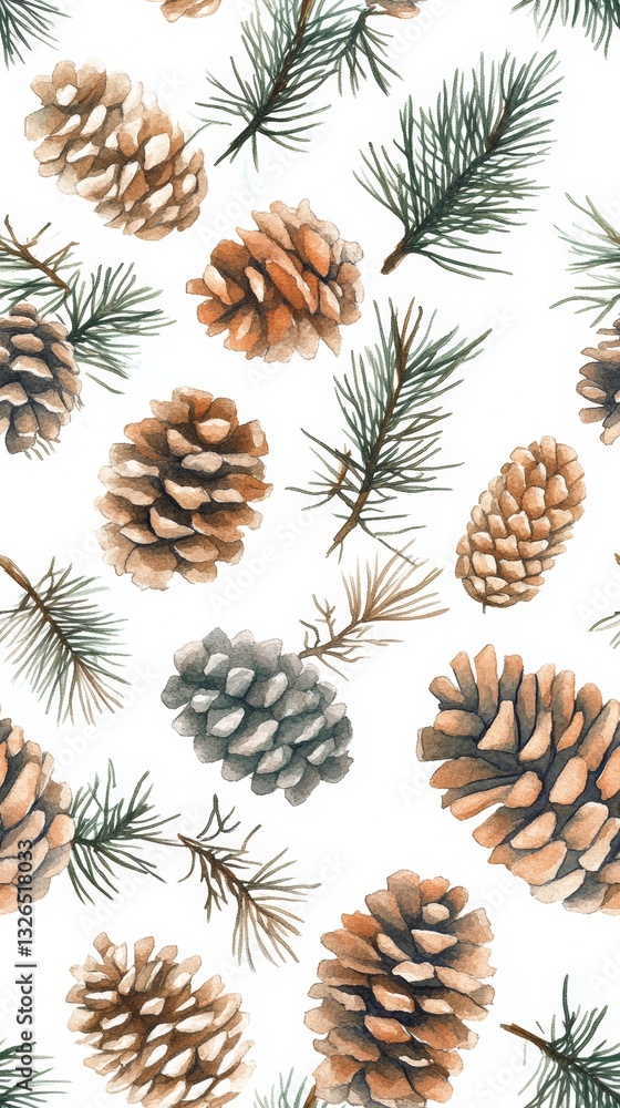 Watercolor painting of pine cones and branches in shades of green brown and orange on white paper background Watercolor painting of pine cones and branches in shades of green brown and orange on white paper background