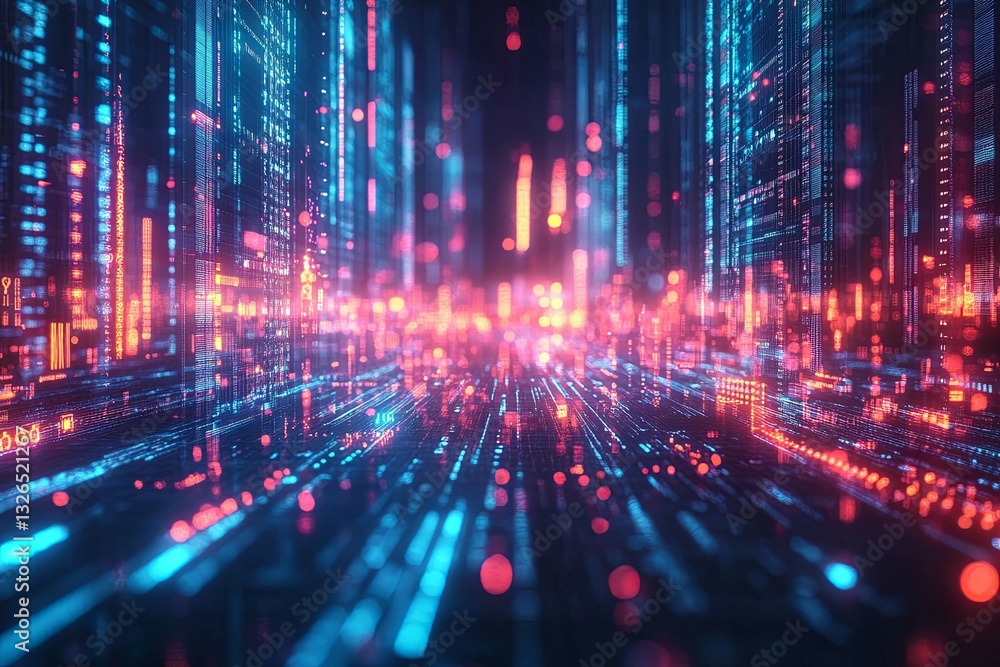 A futuristic digital city glows brightly with data transfers and lines A futuristic digital city glows brightly with data transfers and lines