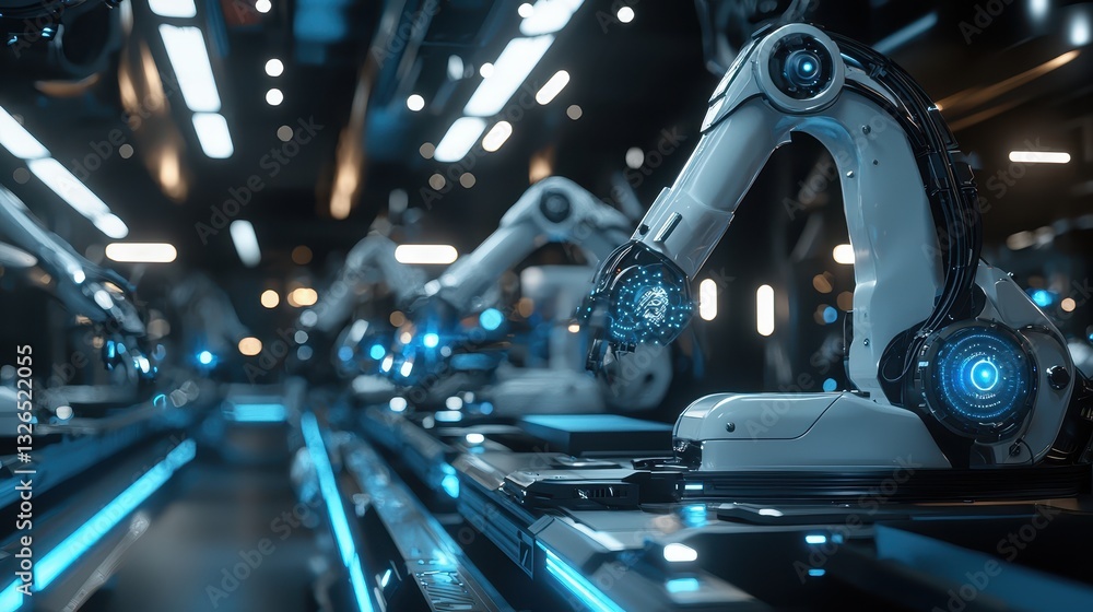 Obraz premium Advanced Robotic Arms in High-Tech Manufacturing Facility Setup