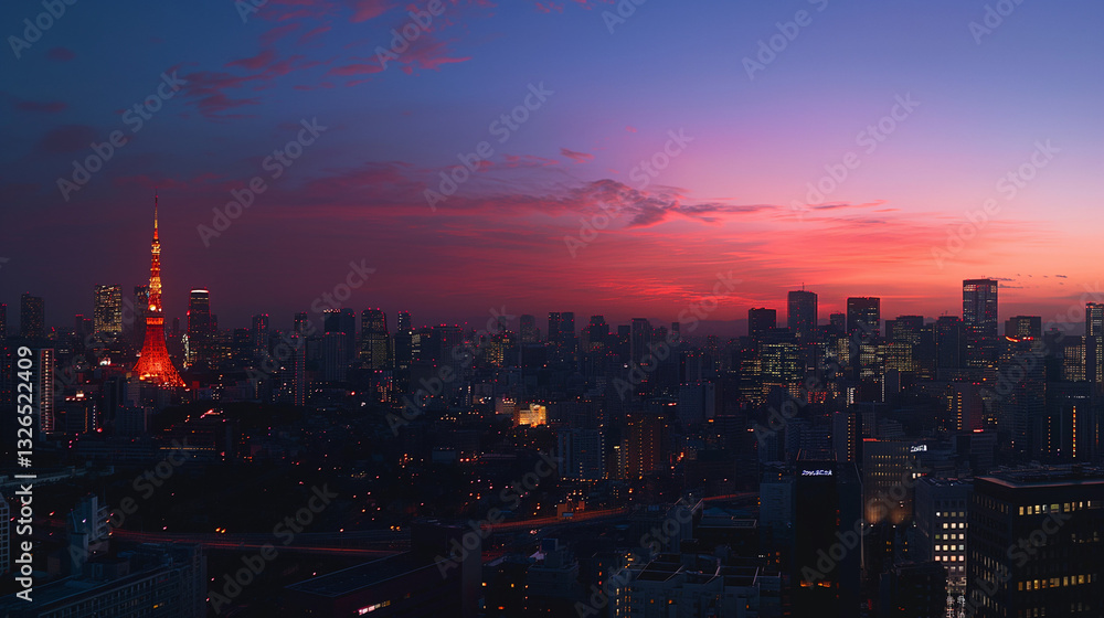 Fototapeta premium Panoramic view of Tokyo's skyline at sunset.