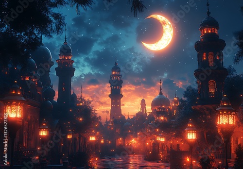 Magical Twilight with Illuminated Towers, Lanterns, and a Glowing Crescent Moon

