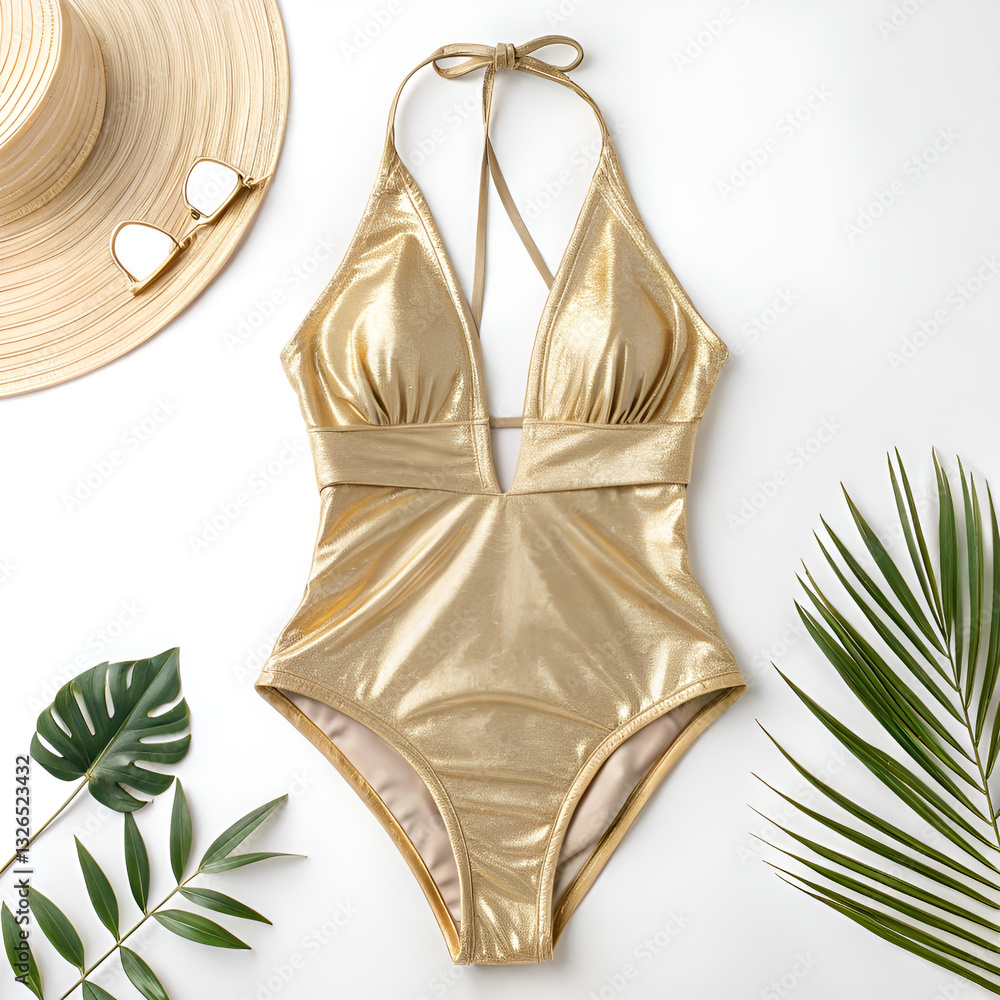 Obraz premium Shimmering Gold One-Piece Swimsuit – Plunge Neck Metallic Swimwear for Women.