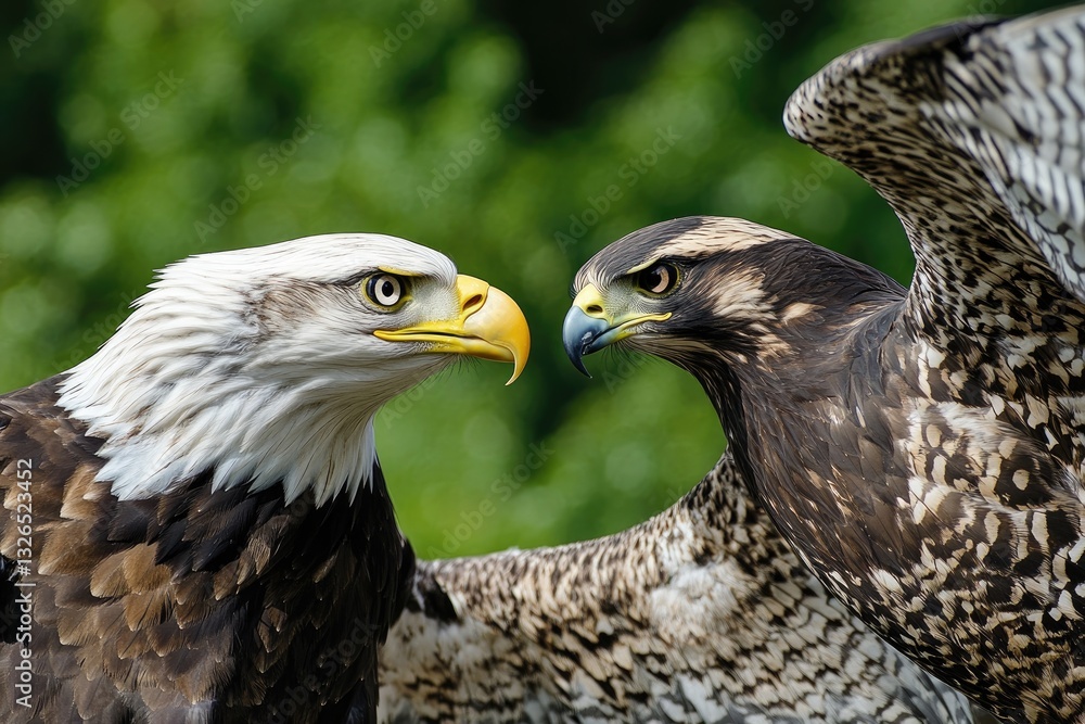 Fototapeta premium A bald eagle interacting with a falcon, showcasing different birds of prey