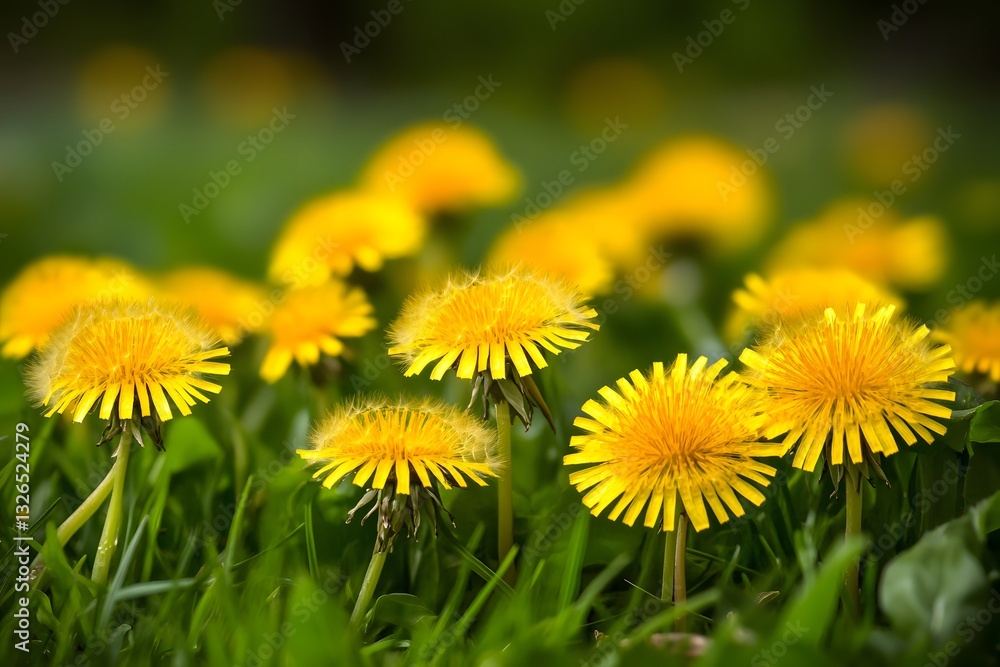 Vibrant Yellow Dandelions Blooming in Green Grass Vibrant Yellow Dandelions Blooming in Green Grass