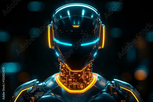 A futuristic robot character with glowing neon blue and yellow accents