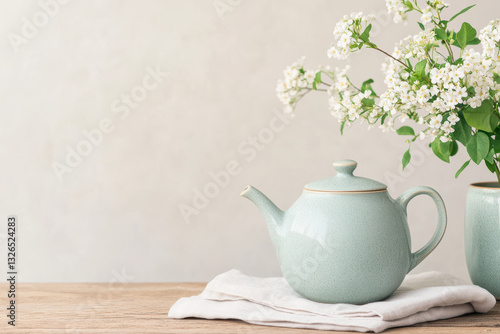 Wallpaper Mural Elegant ceramic teapot with blooming white flowers on wooden table Torontodigital.ca