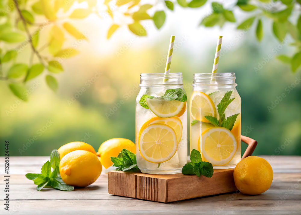 Fototapeta premium Refreshing lemonade with lemon slices and mint