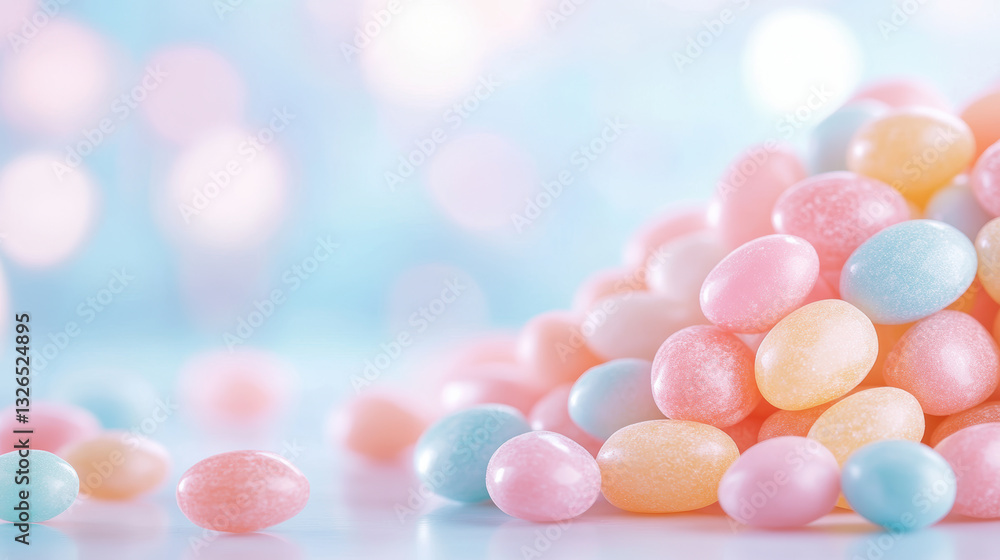 Pile of colorful pastel candy eggs on a soft blue bokeh background Pile of colorful pastel candy eggs on a soft blue bokeh background