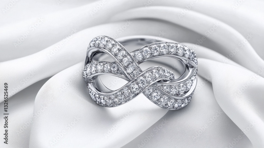 A sophisticated diamond infinity ring with a twisted band, arranged on a luxurious white jewelry cloth A sophisticated diamond infinity ring with a twisted band, arranged on a luxurious white jewelry cloth
