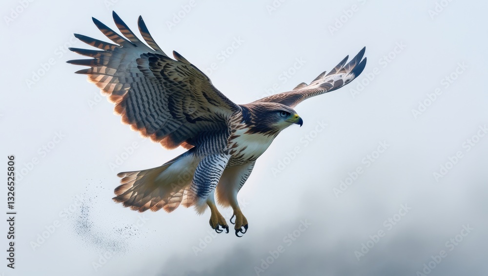 Obraz premium Majestic Gray Hawk in Flight, Soaring Through Misty Sky, Detailed Feathers and Talons Visible