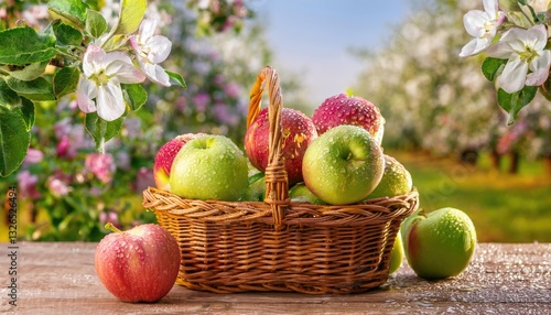 resh red and green apples with droplets rest in a woven basket, surrounded by picturesque apple trees in full bloom photo