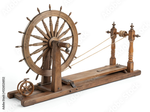 Traditional spinning wheel (charkha) made of wood, isolated on a white background, detailed and historical