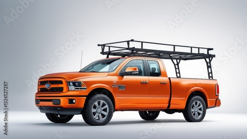 Bright Orange Pickup Truck with Roof Rack on White Background