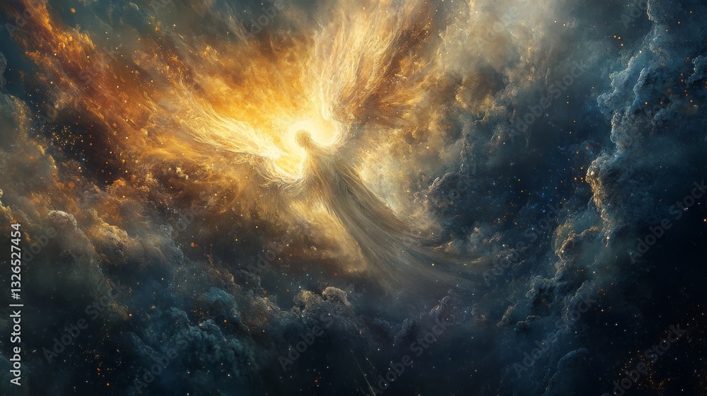 Obraz premium Abstract Representation of a Celestial Being Emerging from a Cosmic Nebula in a Vibrant Galaxy