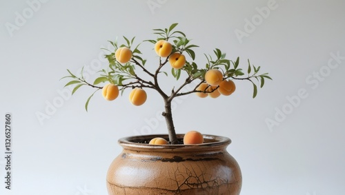 Delicate Apricot Bonsai Tree in Brown Ceramic Pot