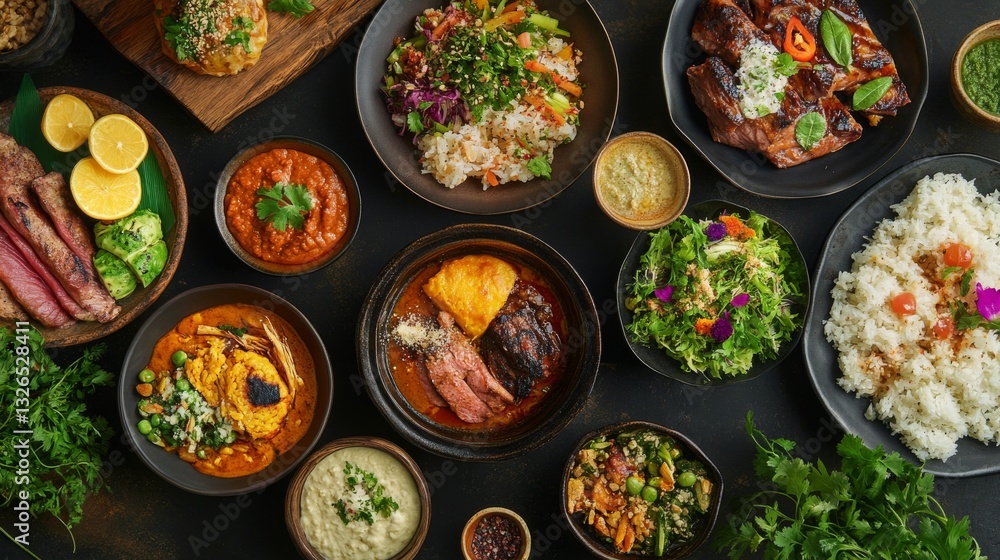 Assorted Culinary Dishes Beautifully Plated with Garnishes and Herbs on Dark Background Assorted Culinary Dishes Beautifully Plated with Garnishes and Herbs on Dark Background