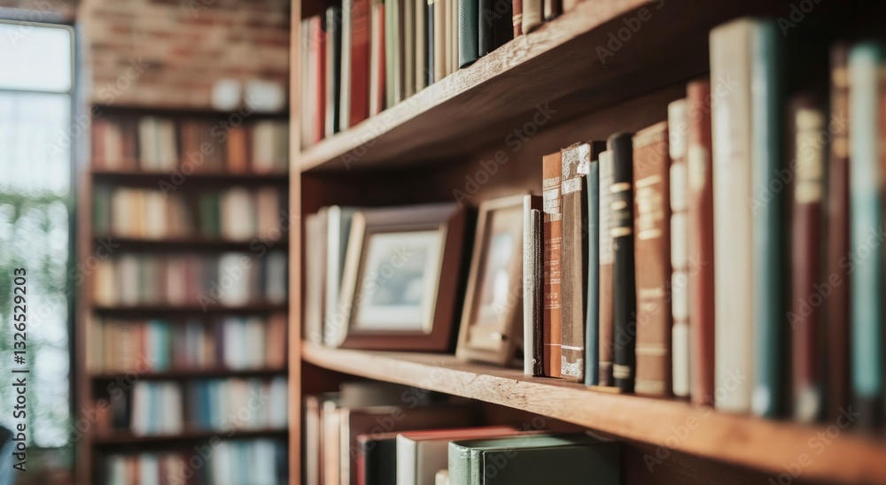 Bookshelf with Old Books and Picture Frames in a Library Setting Bookshelf with Old Books and Picture Frames in a Library Setting