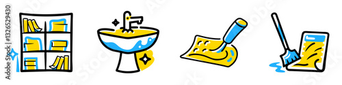 Carpet cleaning with vacuum, bathroom sink, bookshelf  and office floor mopping icon set for a spotless home environment and effective maintenance solution