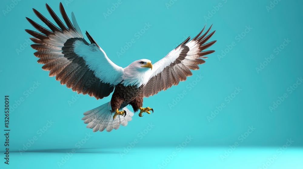 Fototapeta premium Majestic bald eagle in flight against a vibrant teal background.