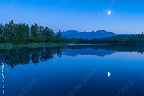 peaceful and spellbinding sight is formed by echo of crescent moon s mystique in quiet tides of a restful lake  
