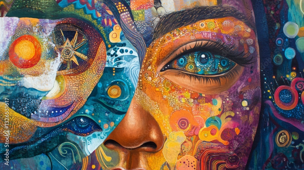 Obraz premium Colorful Abstract Portrait of a Multicultural Woman with Vibrant Expression and Dreamlike Elements