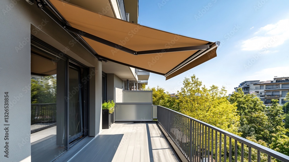 Fototapeta premium Modern Apartment Balcony Enhancement with Retractable Awning for Stylish Sun Protection Solution