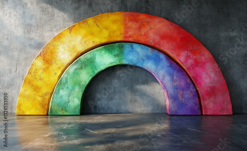 A 3D rendering of a two-tiered rainbow structure stands in the center of the image. The interior rainbow sits on the floor and is painted in a range of bright colors associated with rainbows: yellow, 