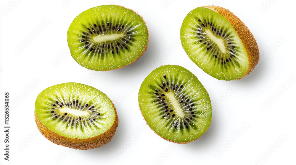 Fototapeta premium Fresh kiwi slices floating in mid air on white background