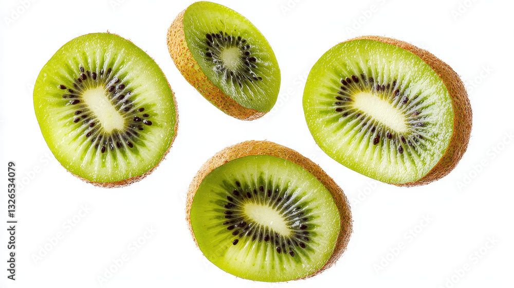 Fototapeta premium Floating kiwi slices in mid air with white background