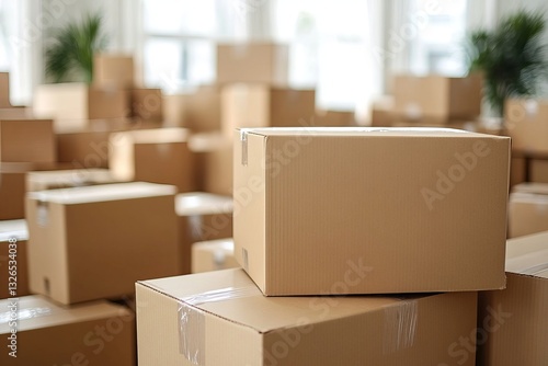 a lot of moving boxes. The boxes are stacked high and ready to be moved or unpacked.