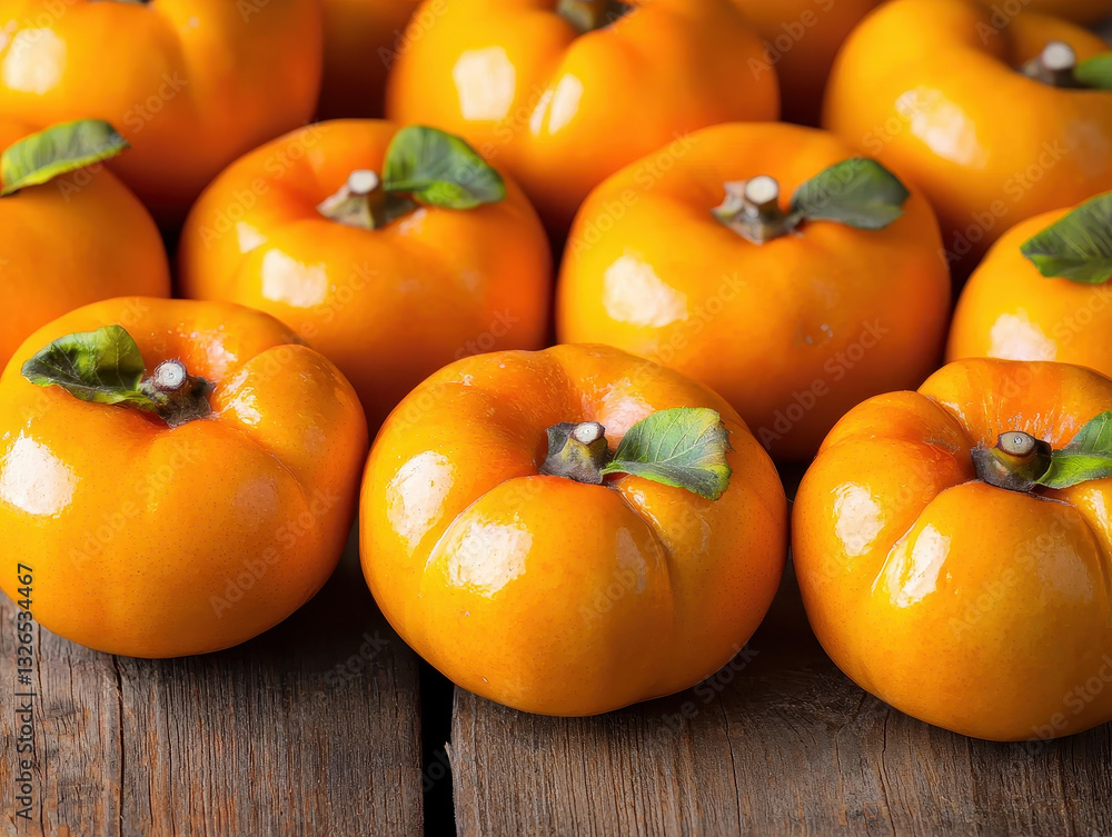 Golden hued persimmons on rustic wooden table create warm ambiance Golden hued persimmons on rustic wooden table create warm ambiance