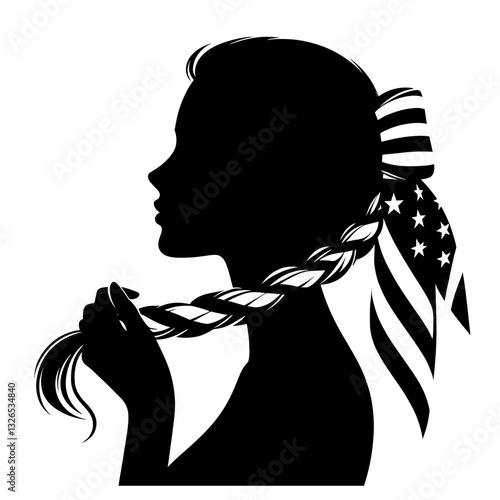 Woman Braiding Hair with American Flag Ribbon - Patriotism and Beauty