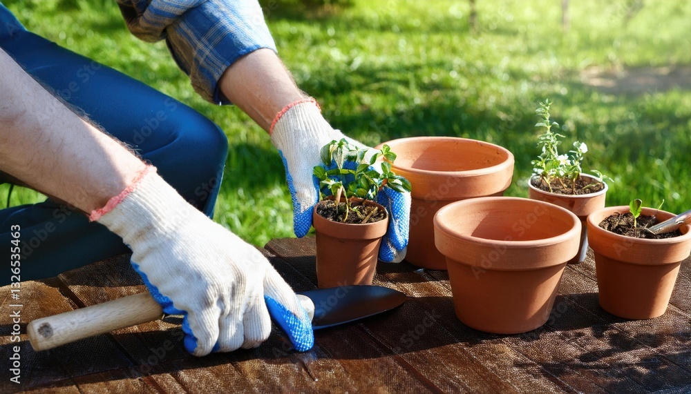 Fototapeta premium Set Of Tools For Gardener And Flowerpots In Sunny Garden 