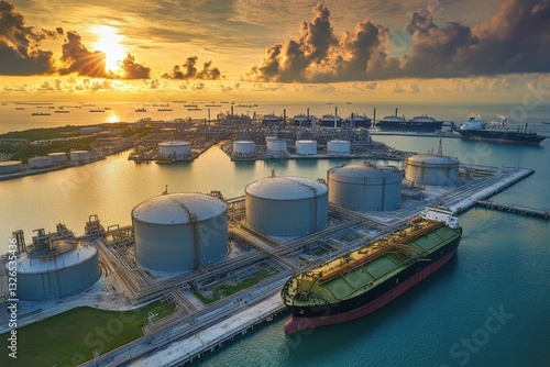 Lng gas storage facility under sunset sky industrial landscape aerial view of liquefied natural gas infrastructure maritime environment energy concept